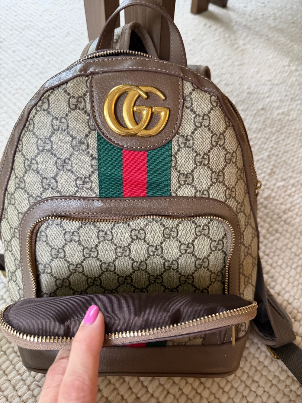 Gucci Beige GG Canvas Backpack with Green and Red Web Stripe - Picture 4 of 5